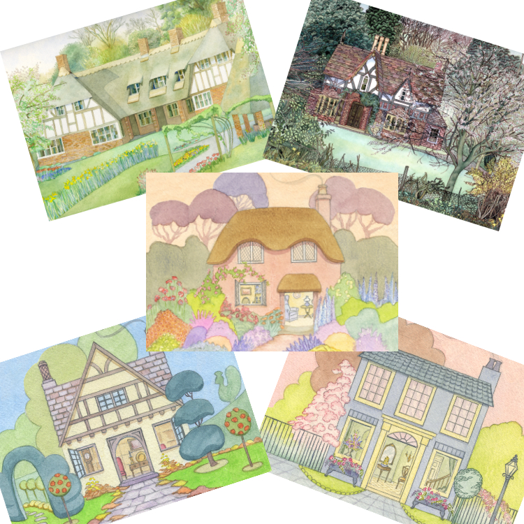 Country cottage greeting cards with original vintage watercolour paintings of cottages, gardens and interiors