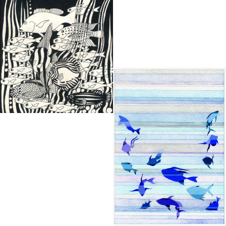 Image shows Poissons - a graphic design of fish in black and white, and Ultramarine - fish in shades of blue and sea greens