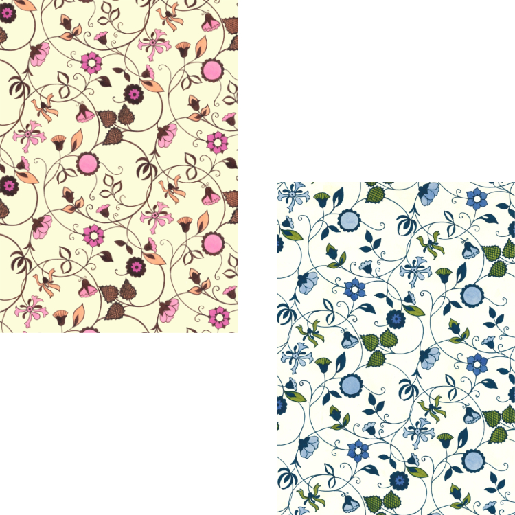 Two 1970s textile designs - Honeysuckle Blue and Honeysuckle Pink