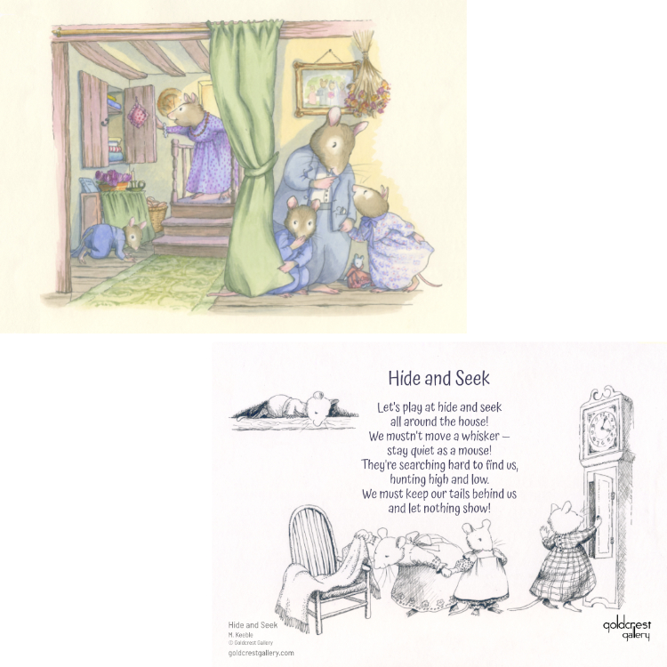Image shows front and back of Hide and Seek, a children's greeting card