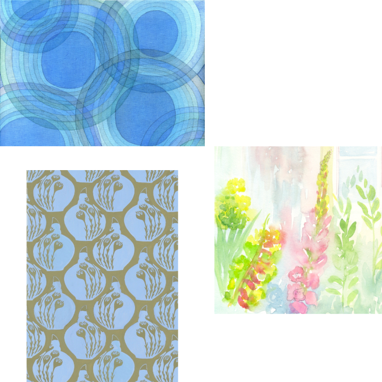 Picture of three designs from Goldcrest Gallery showing the use of acrylic, gouache and watercolour paints