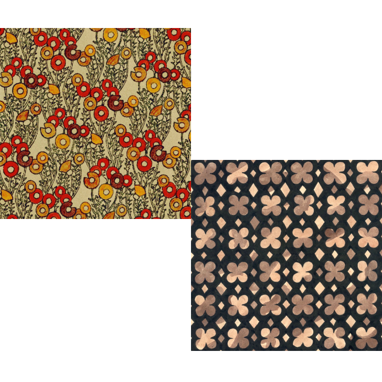 Two original vintage textile designs in autumn colours - trellis and toffee apple