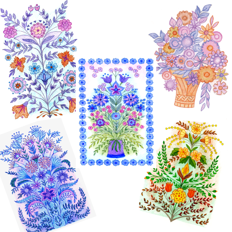 Collection of five greeting card designs showing the influence of folk art in floral motifs and colours