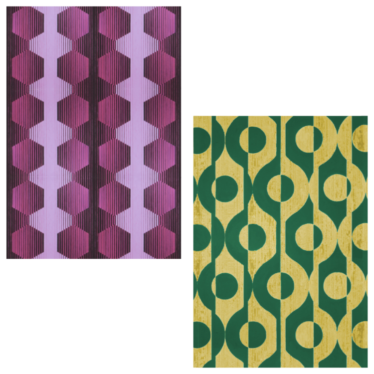 Image showing two designs from the Goldcrest Gallery archive: City Rain and Wax and Wane