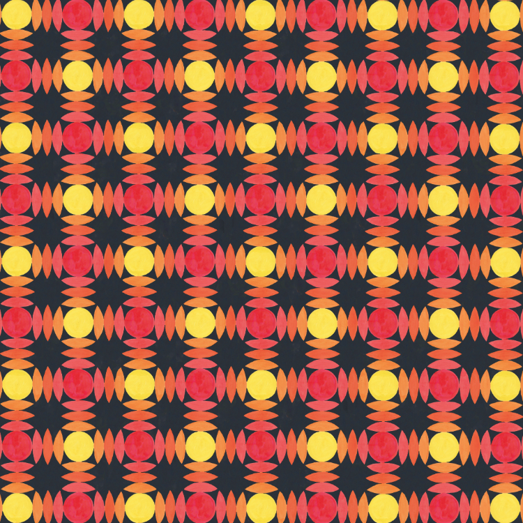Original 1950s wallpaper design with red, orange and yellow segments and circles on a black background