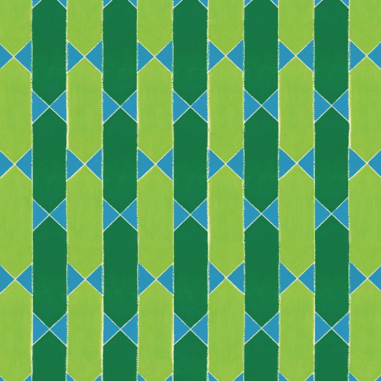 Fairway - original 1950s wallpaper design with pale and dark green stripes and blue flag shapes