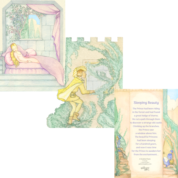 A Hundred Years - Children's Story Card with three illustrations of Sleeping Beauty, the Prince and the story on the reverse