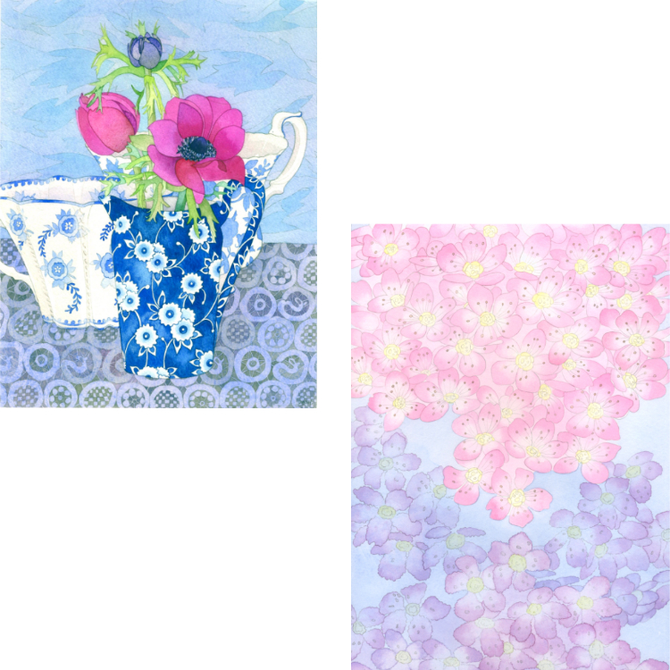 Two designs from Goldcrest Gallery showing the influence of Japanese art - Anemones and Blossom Reflections