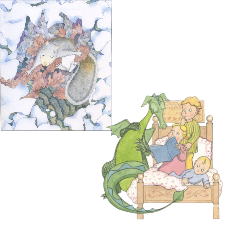 Christmas Picture Books Two illustrations from our Christmas picture books - Squirrel in bed and the Green Dragon with three children