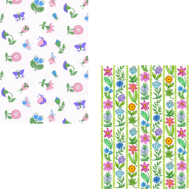 Image showing two examples of textiles and fabrics in the Goldcrest Gallery designs: Wincyette and Cotton Lawn