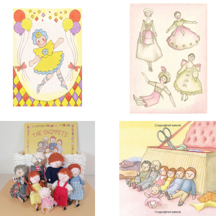 Four images illustrating the story of dolls: Ballerina, Peg Dolls, The Snippets