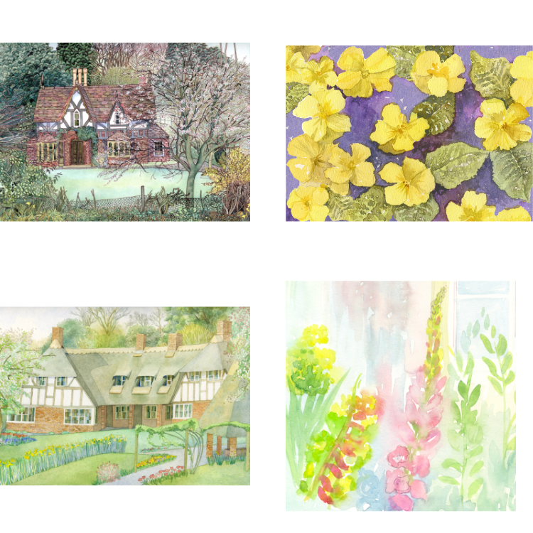 Four greeting card designs with examples of watercolour washes